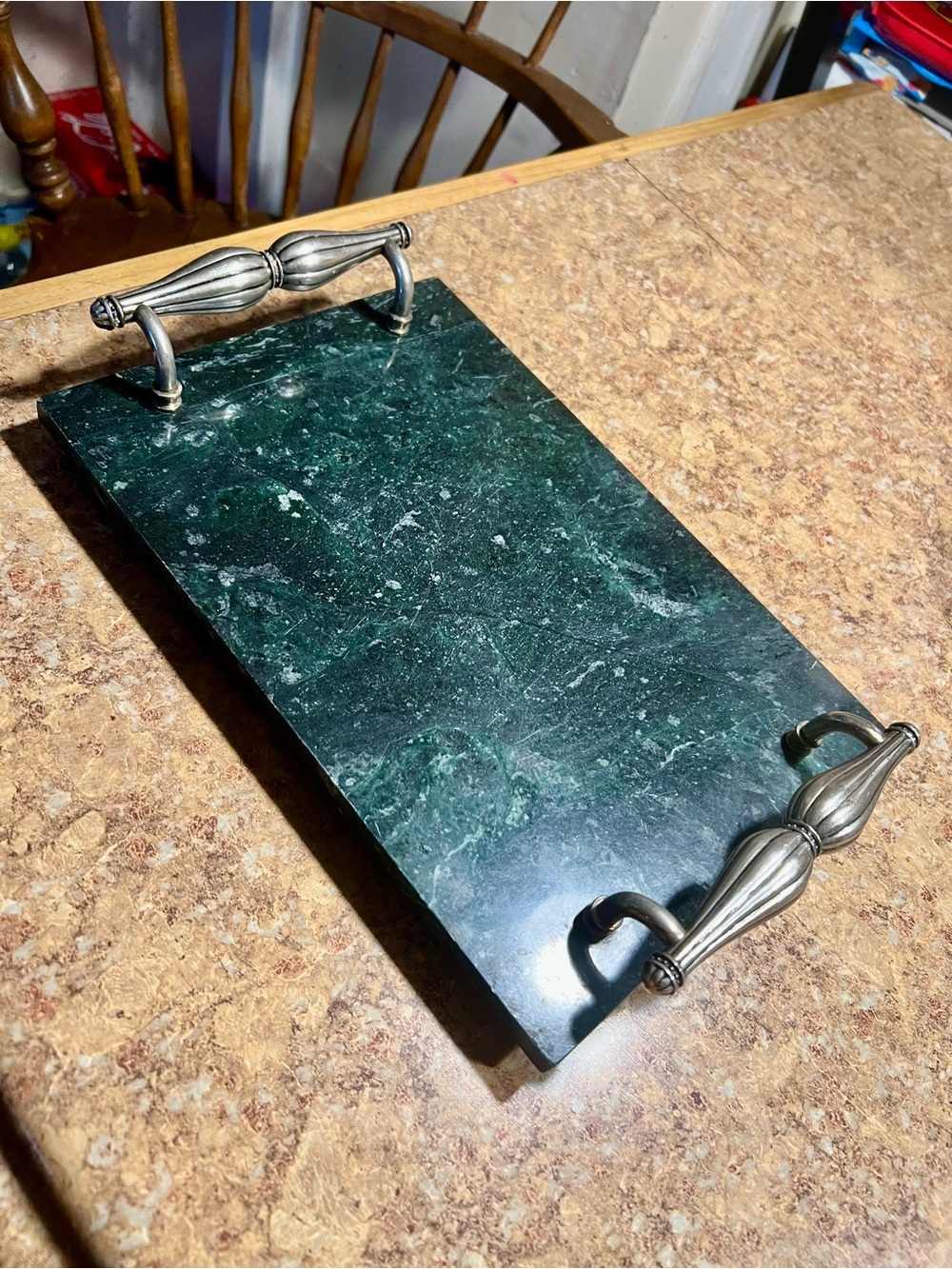 Green Marble Serving Tray with Silver Handles - Brand Unspecified